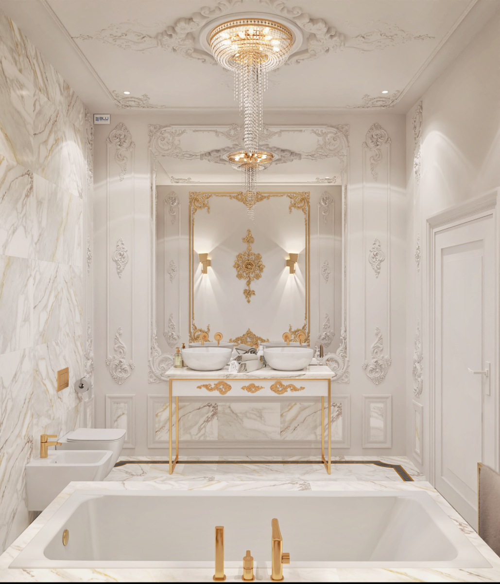 Pałacowa łazienka z płytkami imitującymi marmur.